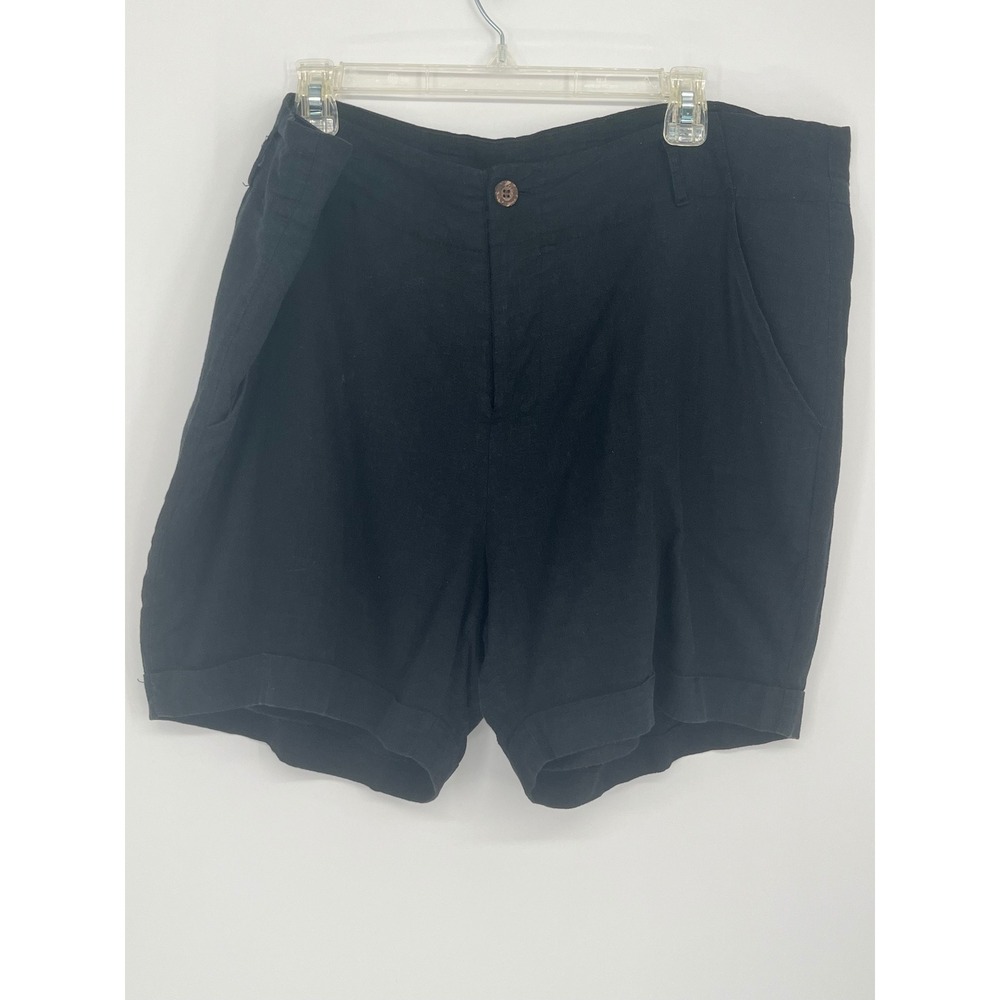 Kenar Linen Blend Cuffed Shorts Mid Rise Women 20W Black Casual Coastal Neutral